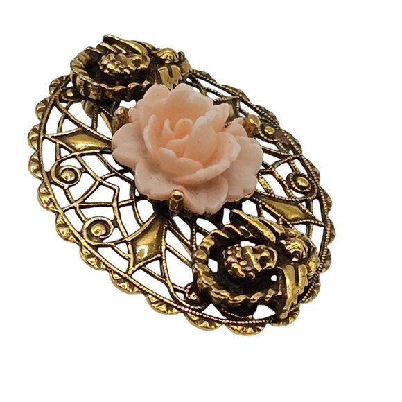 Victorian Style Brooch Pin Rose Filigree Floral Angel Cherub Gold Tone Vtg Lapel - Picture 4 of 7